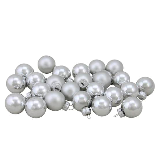 24ct. 1&#x22; 2-Finish Silver Glass Ball Ornaments